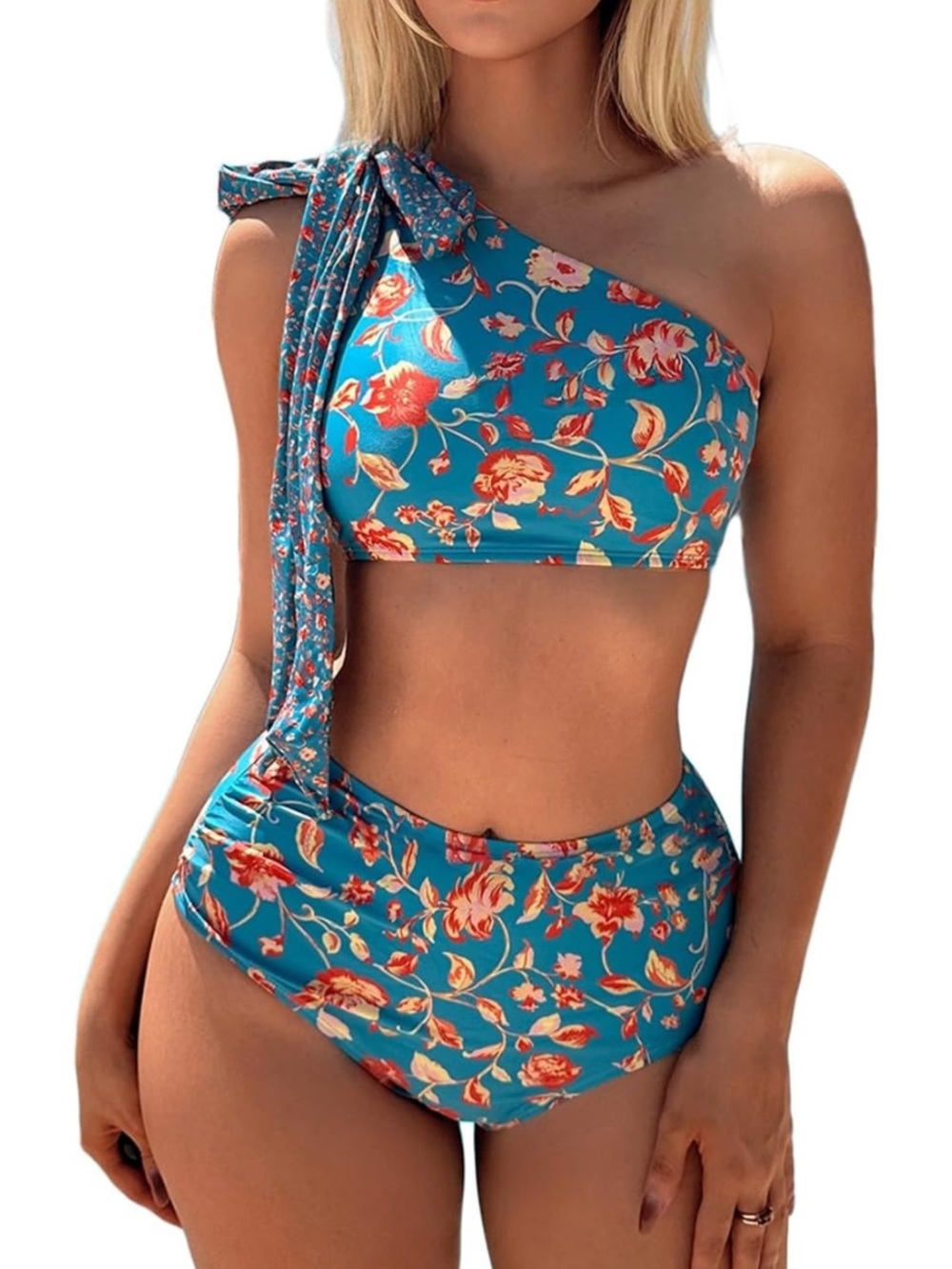 Women's Small One-Shoulder Teal Floral High-Waist Bikini